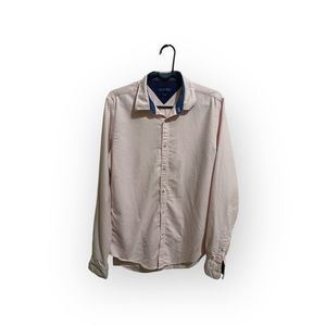 Zara Man Slim Fit Pink With Navy Blue Polka Dot Button Front Shirt Mens Medium